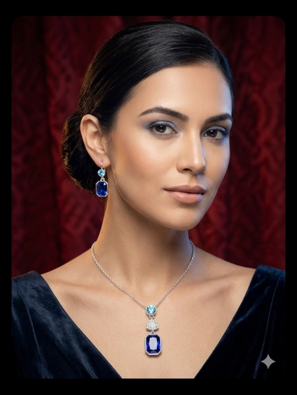 Shinestar Blue Gemstone Pendant Necklace with Matching Blue Drop Earrings